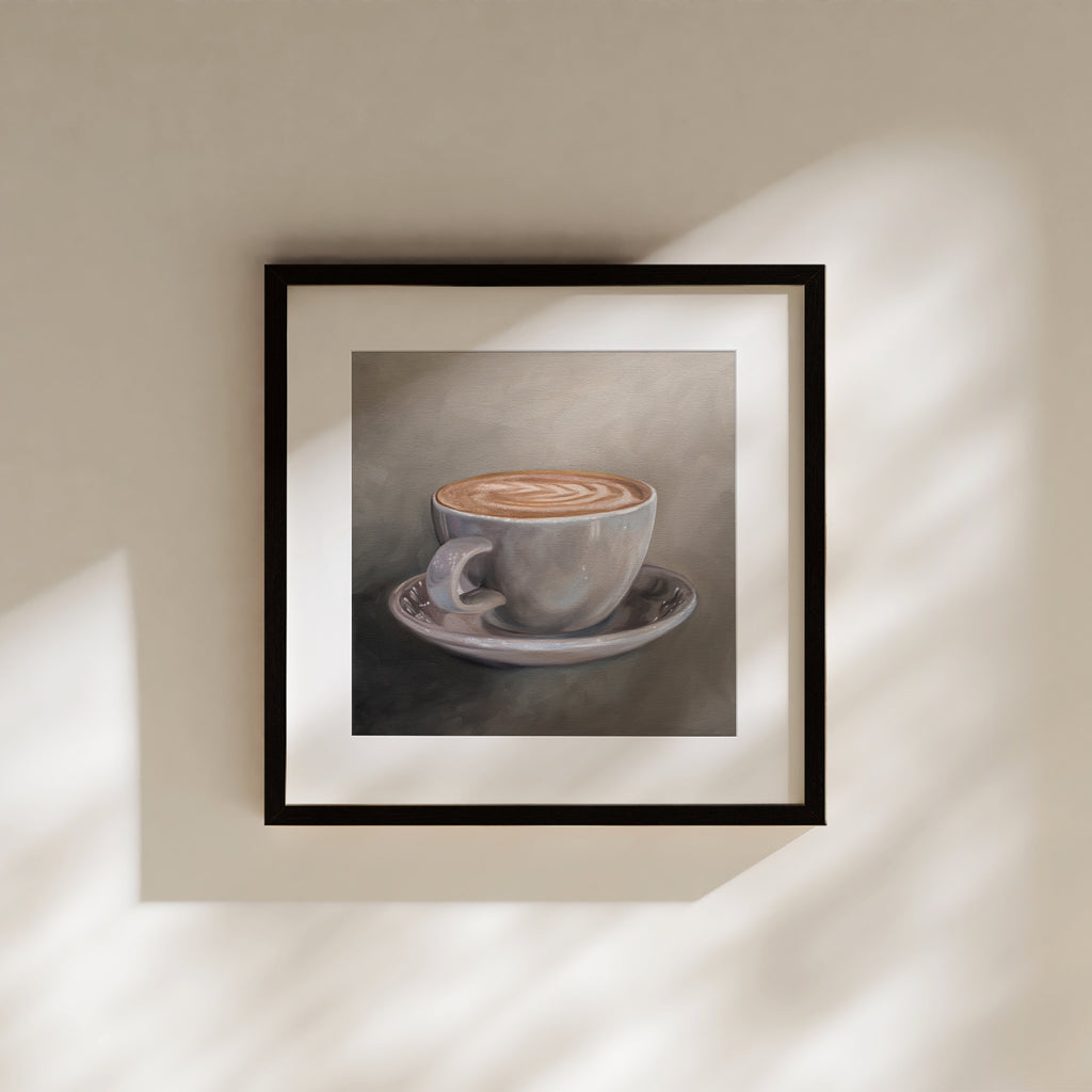 This artwork features a coffee cup filled to the brim with an artful latte.