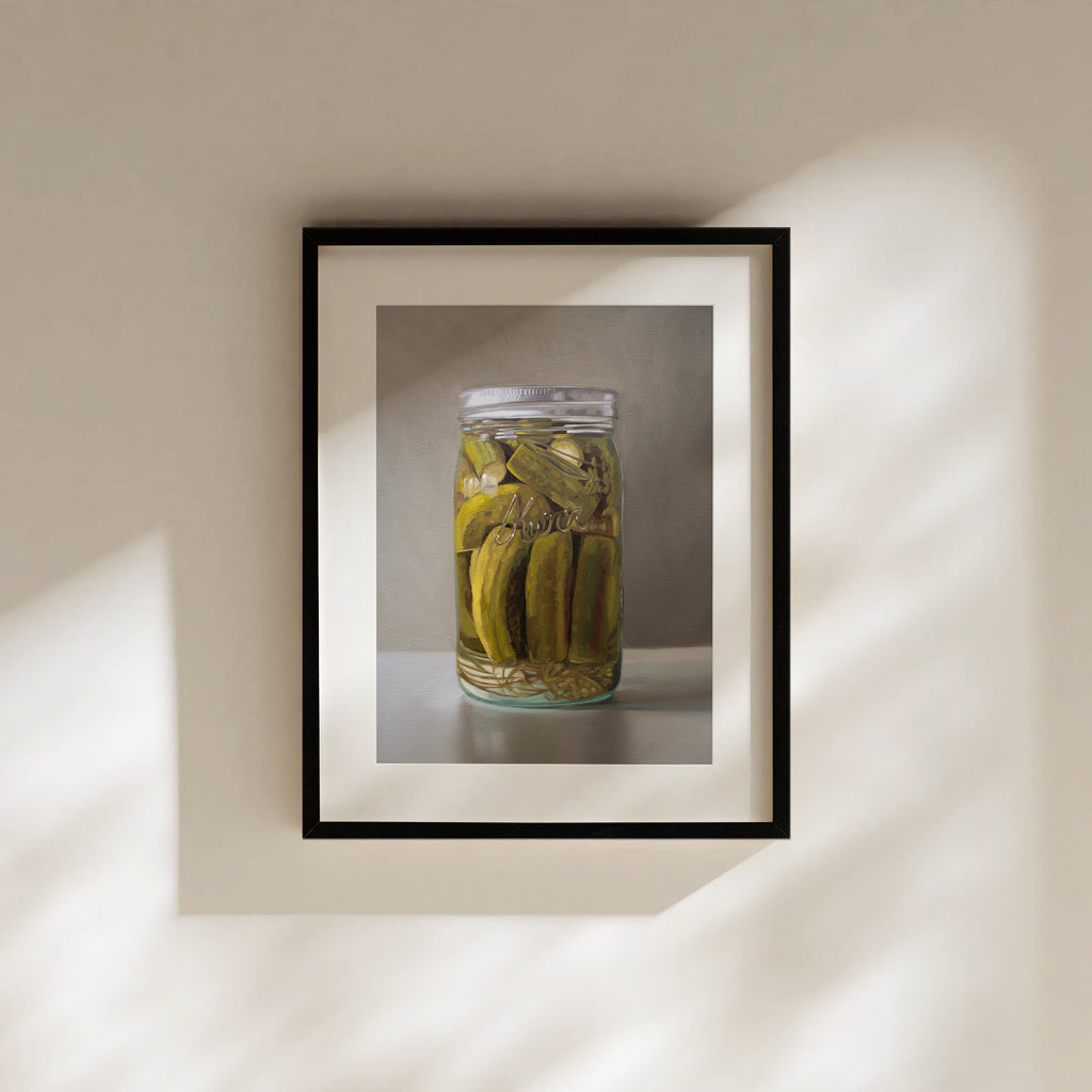 This artwork features a jar of homemade pickles, fresh from the garden.