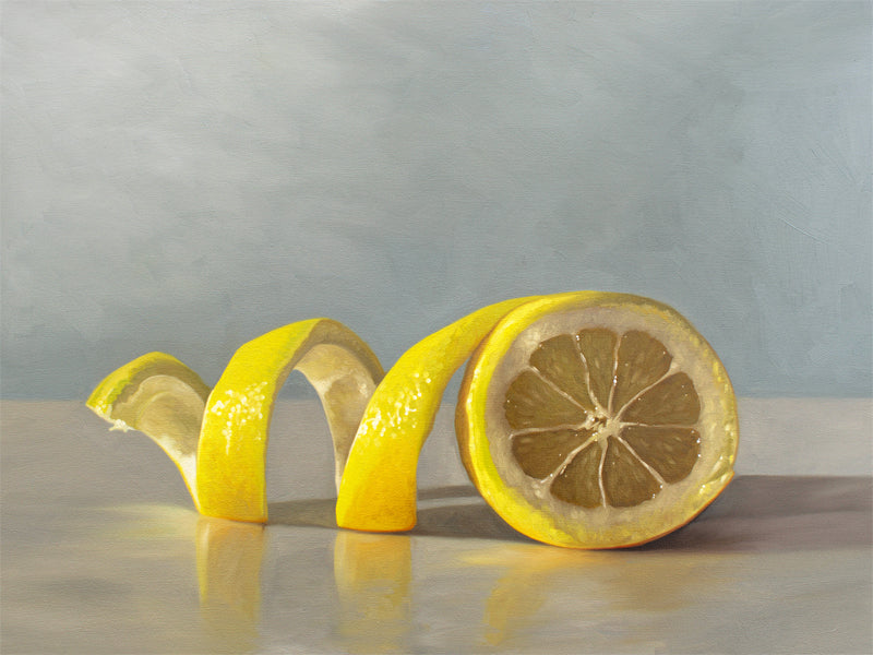 This artwork features a lemon half with its peeling spiraling out towards the left on a light, reflective surface and muted blue background.
