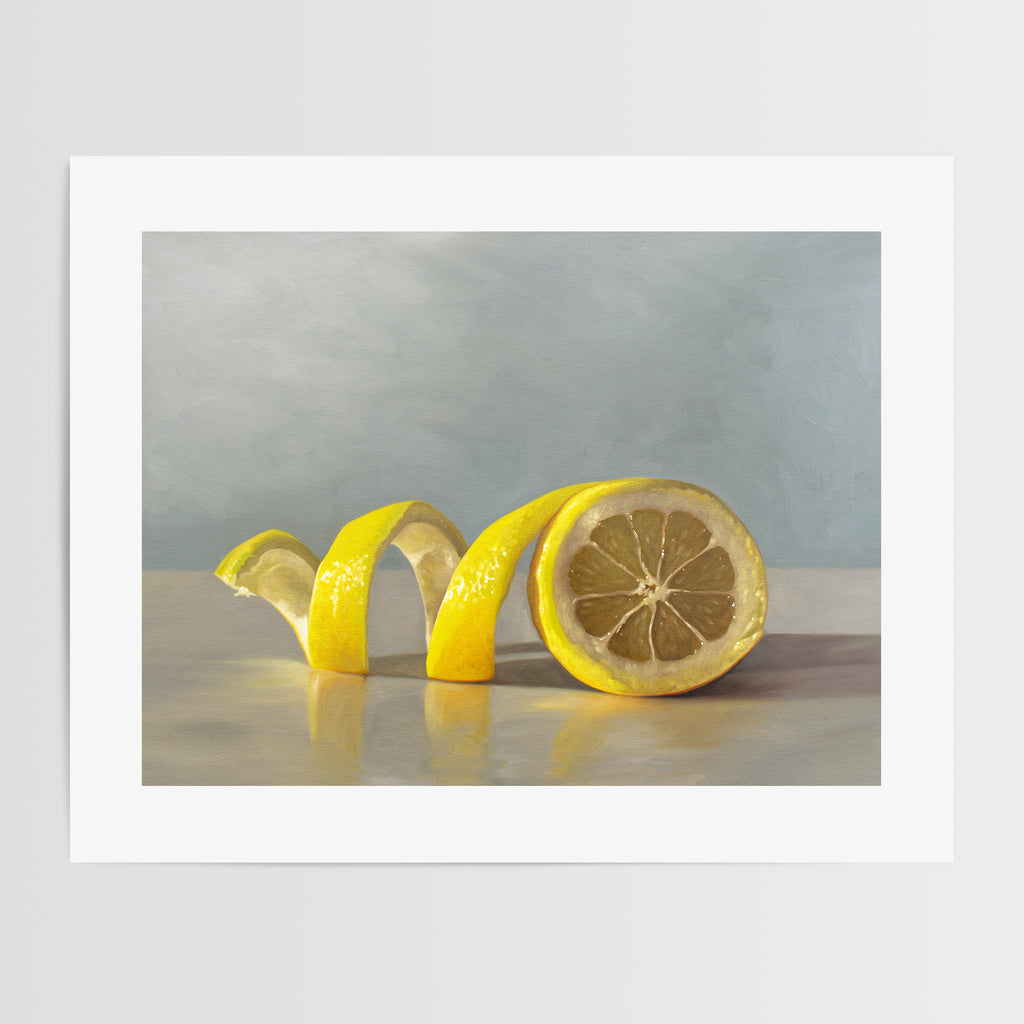 This artwork features a lemon half with its peeling spiraling out towards the left on a light, reflective surface and muted blue background.