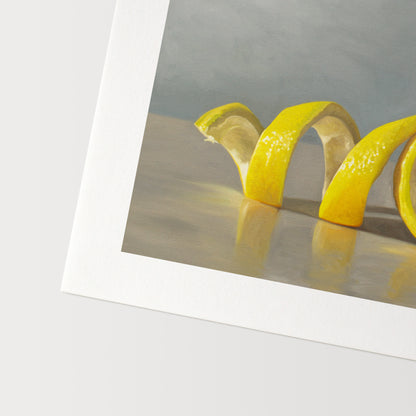 This artwork features a lemon half with its peeling spiraling out towards the left on a light, reflective surface and muted blue background.