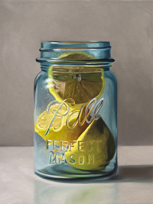 This artwork features a vintage turquoise jar containing a trio of lemon halves.