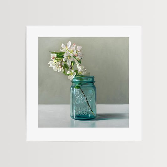 This artwork features a vintage blue jar filled with white crabapple blossoms.