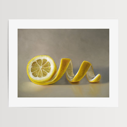 This artwork features a lemon half with its peeling spiraling out towards the right on a light, reflective surface and muted blue background.
