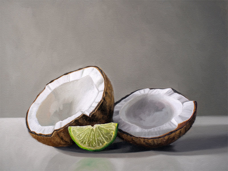 This artwork features a the classic pairing of a lime and coconut resting on a light, reflective surface with some nice dramatic lighting.