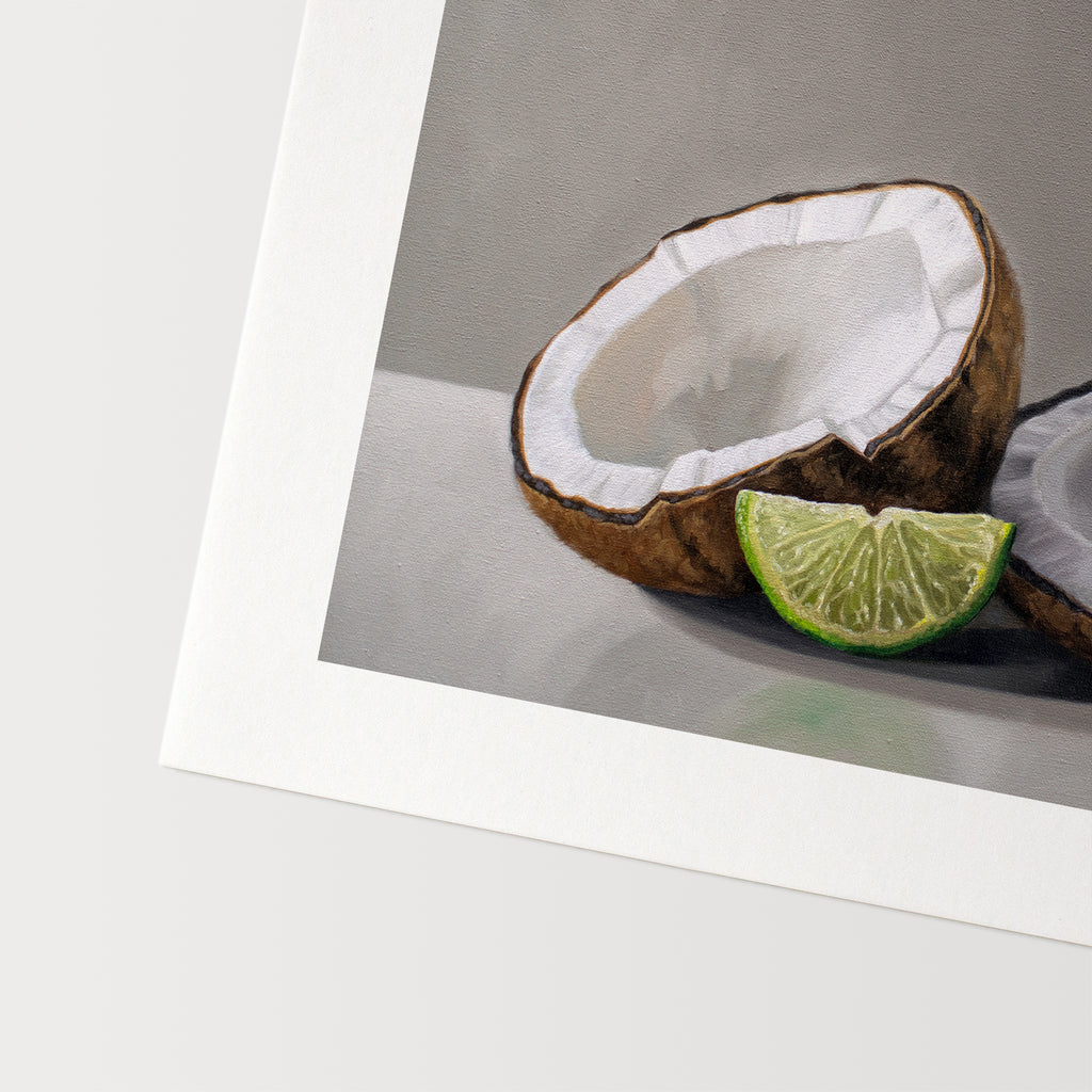 This artwork features a the classic pairing of a lime and coconut resting on a light, reflective surface with some nice dramatic lighting.