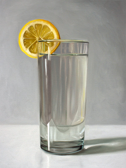 This artwork features a glass of water with a lemon slice resting on a light grey surface with dramatic lighting.