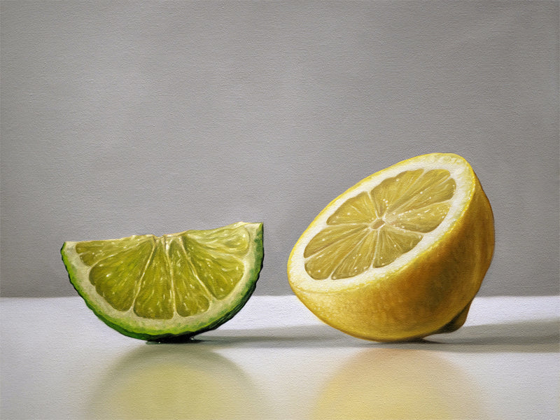 This artwork features a lime wedge and half lemon resting on a light, reflective surface with some nice dramatic lighting.