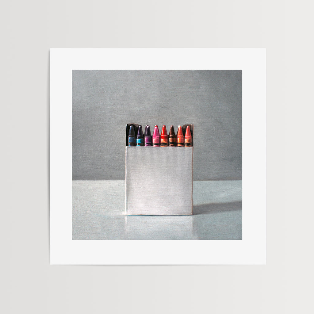 This artwork features a simple white box of crayons resting on a light reflective surface.