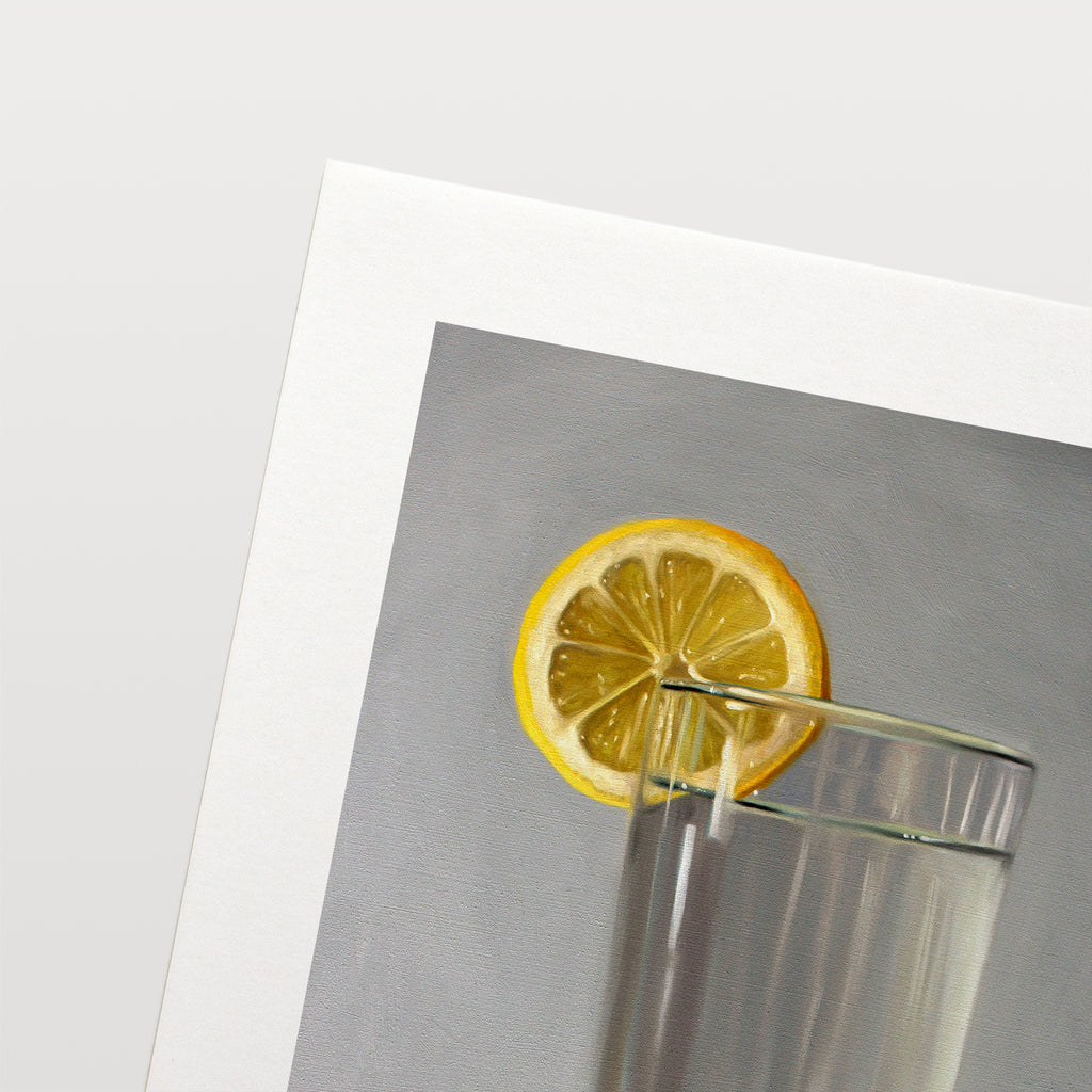 This artwork features a glass of water with a lemon slice resting on a light grey surface with dramatic lighting.