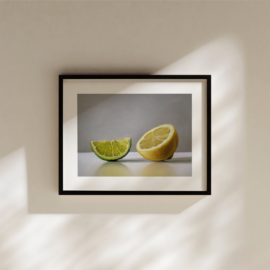 This artwork features a lime wedge and half lemon resting on a light, reflective surface with some nice dramatic lighting.