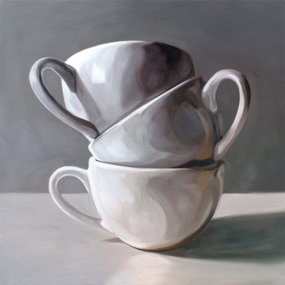 This artwork features a stack of three porcelain coffee cups.