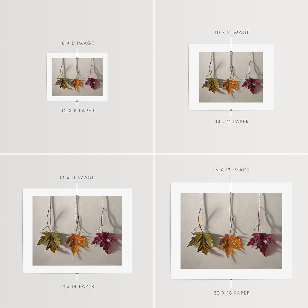 This artwork features a trio of maple leaves in different stages of their Autumn color. Fall is my most favorite season but I just wish it would longer – so here’s to holding onto those fall colors for just a bit longer ;)