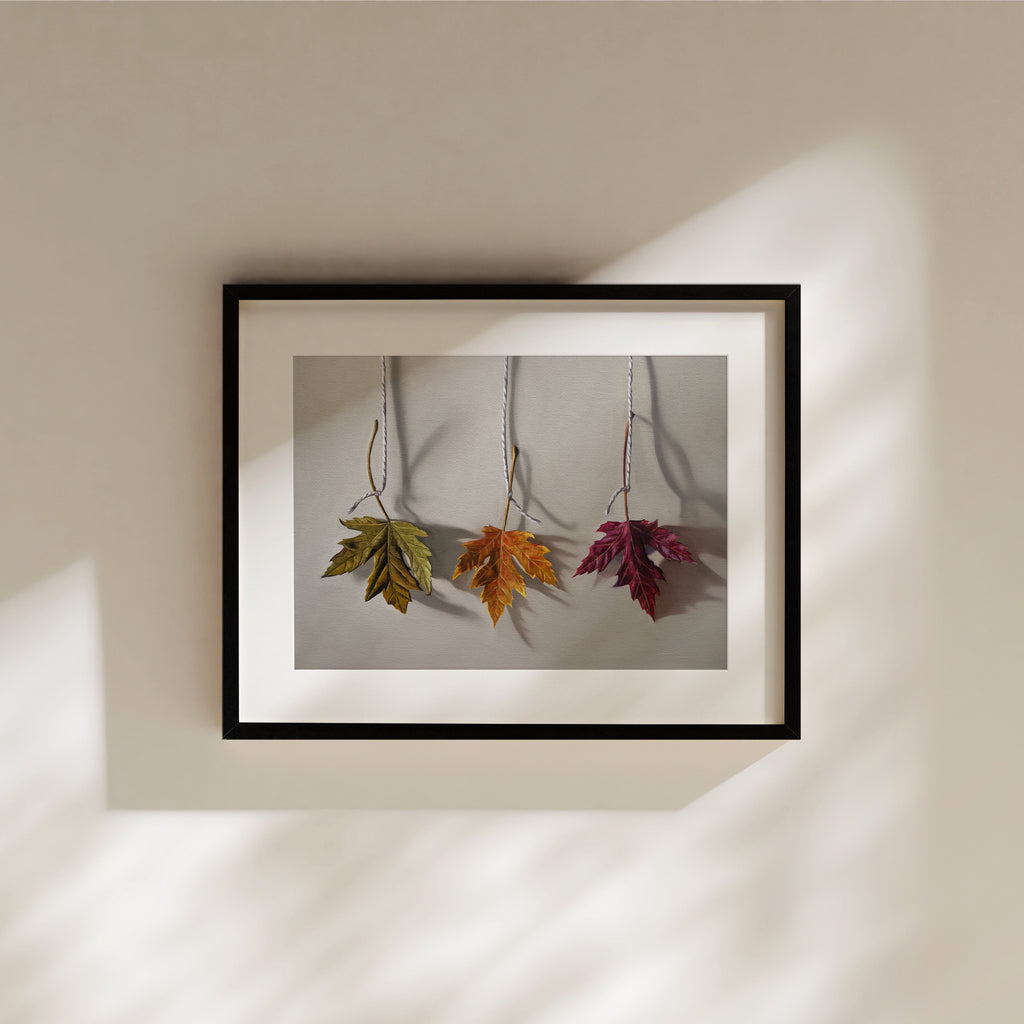 This artwork features a trio of maple leaves in different stages of their Autumn color. Fall is my most favorite season but I just wish it would longer – so here’s to holding onto those fall colors for just a bit longer ;)