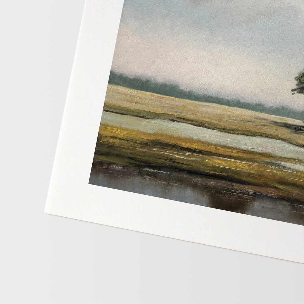 This artwork features an aged barn situated among a group of isolated trees in a marshland during summertime.