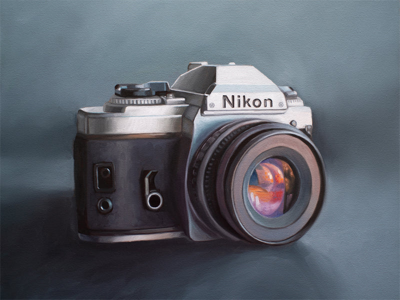 This artwork features a vintage Nikon camera… I just love painting these older cameras as they have so much character!