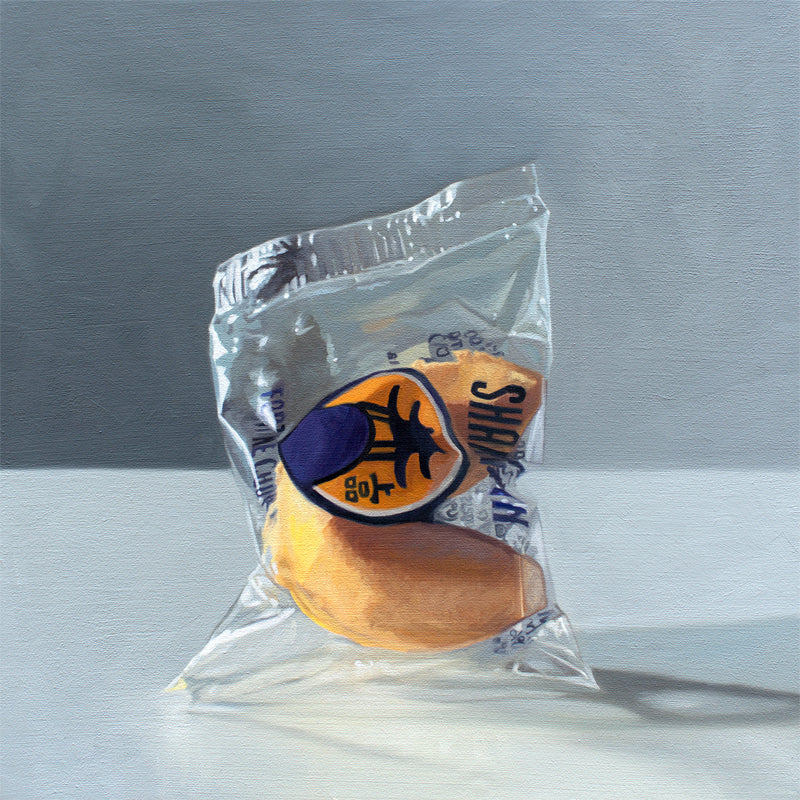 This artwork features a single fortune cookie standing with dramatic side lighting and cast shadows on a light, reflective surface with a darker grey background.