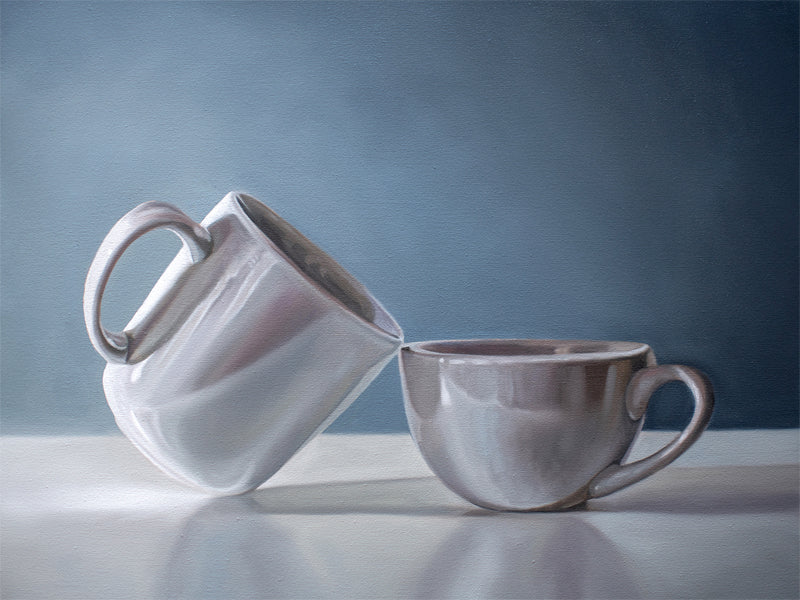 This artwork features a pair of coffee cups with resting on a reflective surface with a neutral blue background.