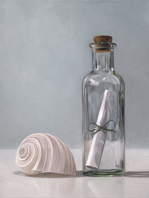 This artwork features a light seashell resting next to a vintage bottle containing a rolled and tied paper message.