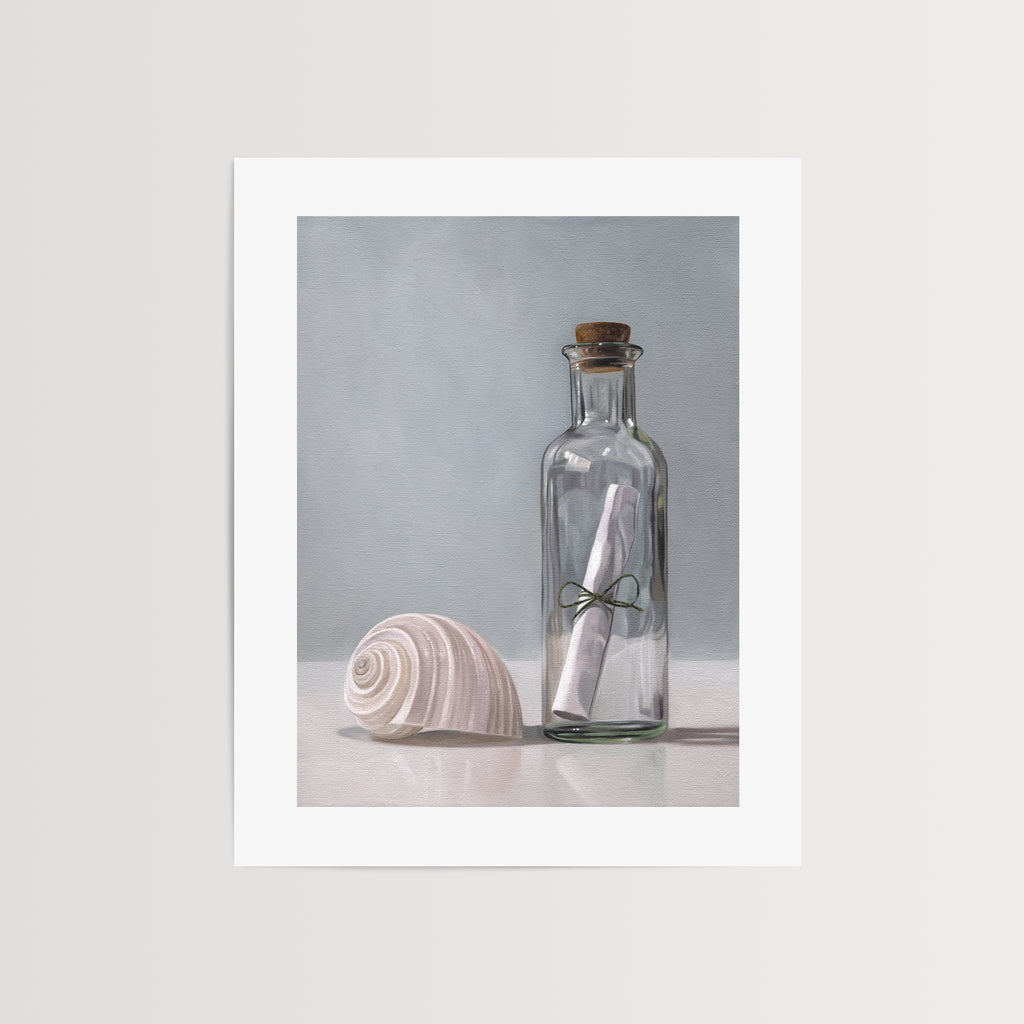 This artwork features a light seashell resting next to a vintage bottle containing a rolled and tied paper message.