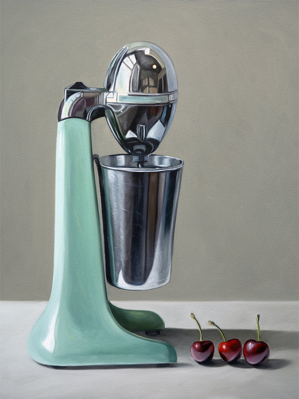 This artwork features a vintage milkshake mixer accompanied by three luscious red cherries.