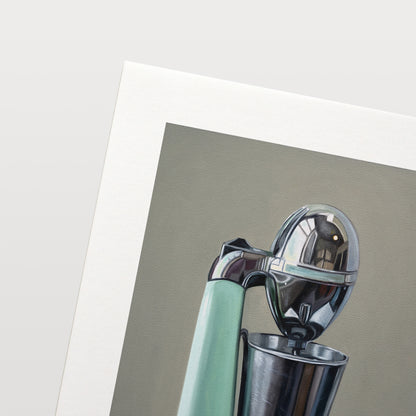 This artwork features a vintage milkshake mixer accompanied by three luscious red cherries.