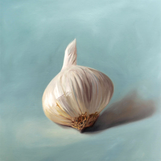 This artwork features a single garlic bulb with on a neutral light blue background.