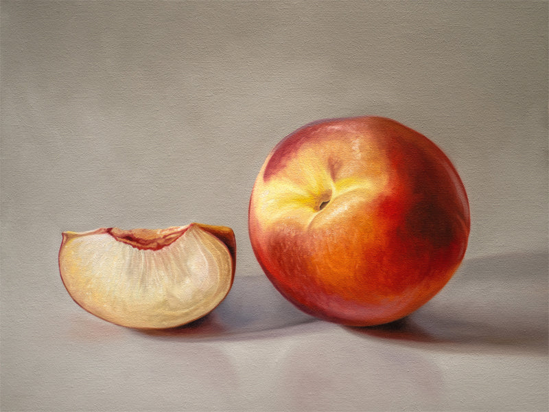 This artwork features a white peach adjacent to a white peach slice resting on a light, reflective surface.