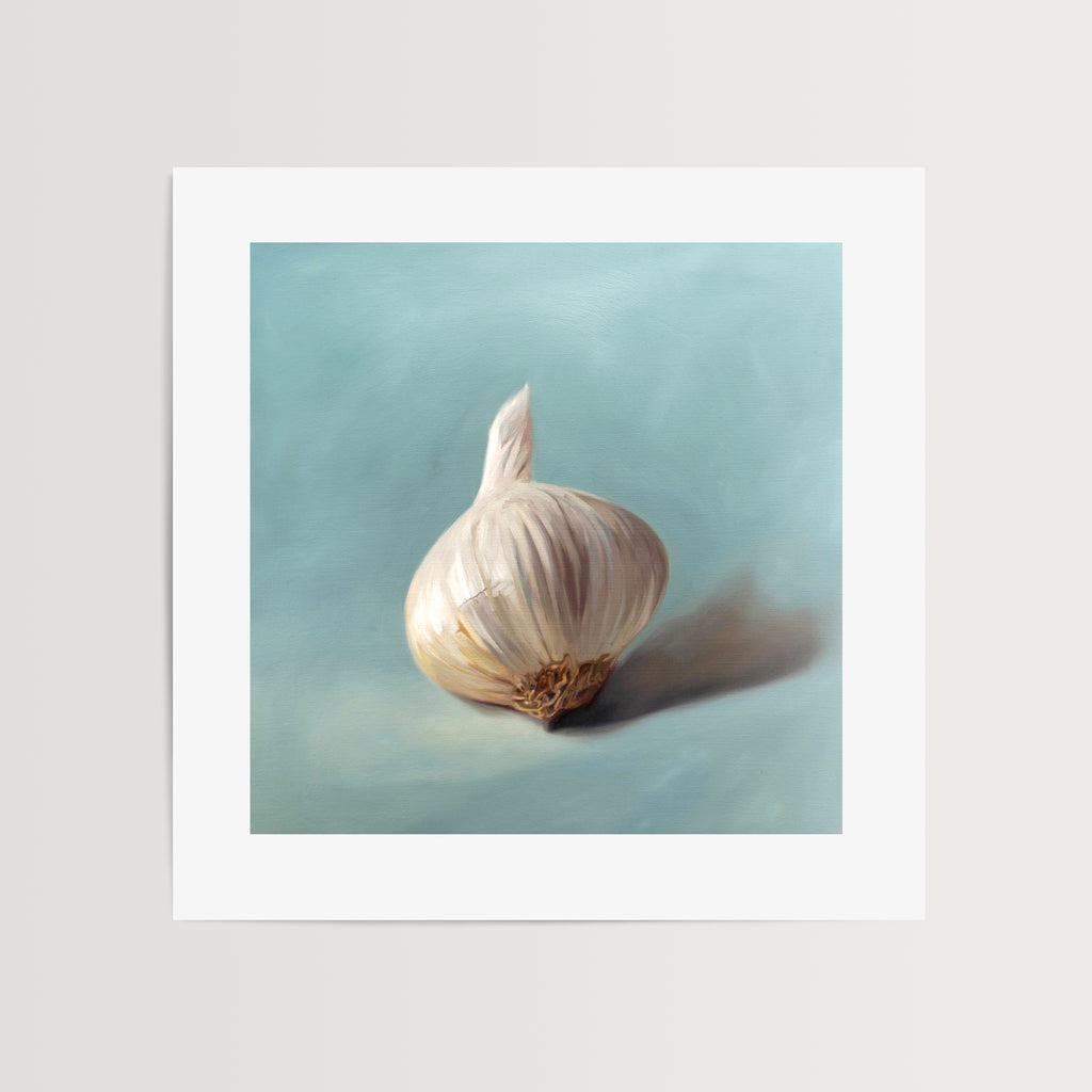 This artwork features a single garlic bulb with on a neutral light blue background.