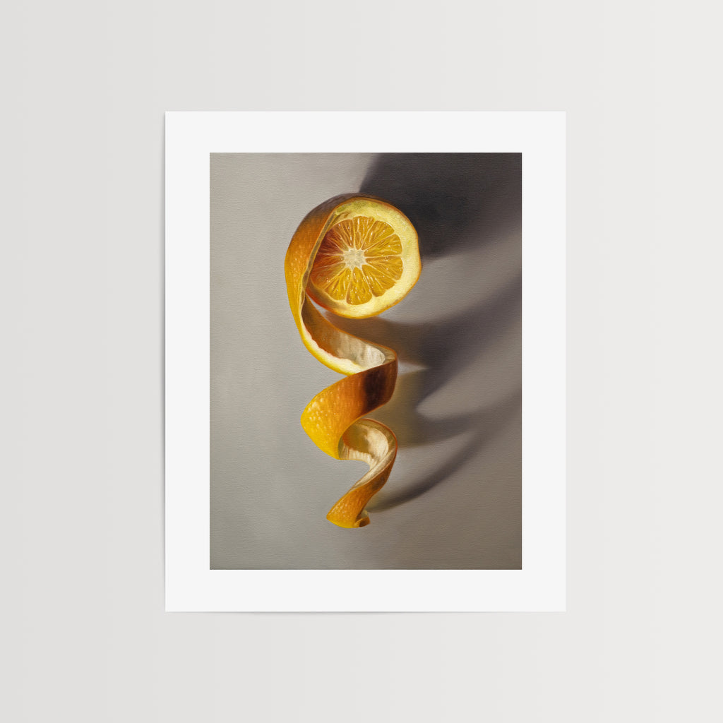 This artwork features a freshly sliced orange with its peeling spiraling in a downward fashion with dramatic side-lighting creating interesting cast shadows.