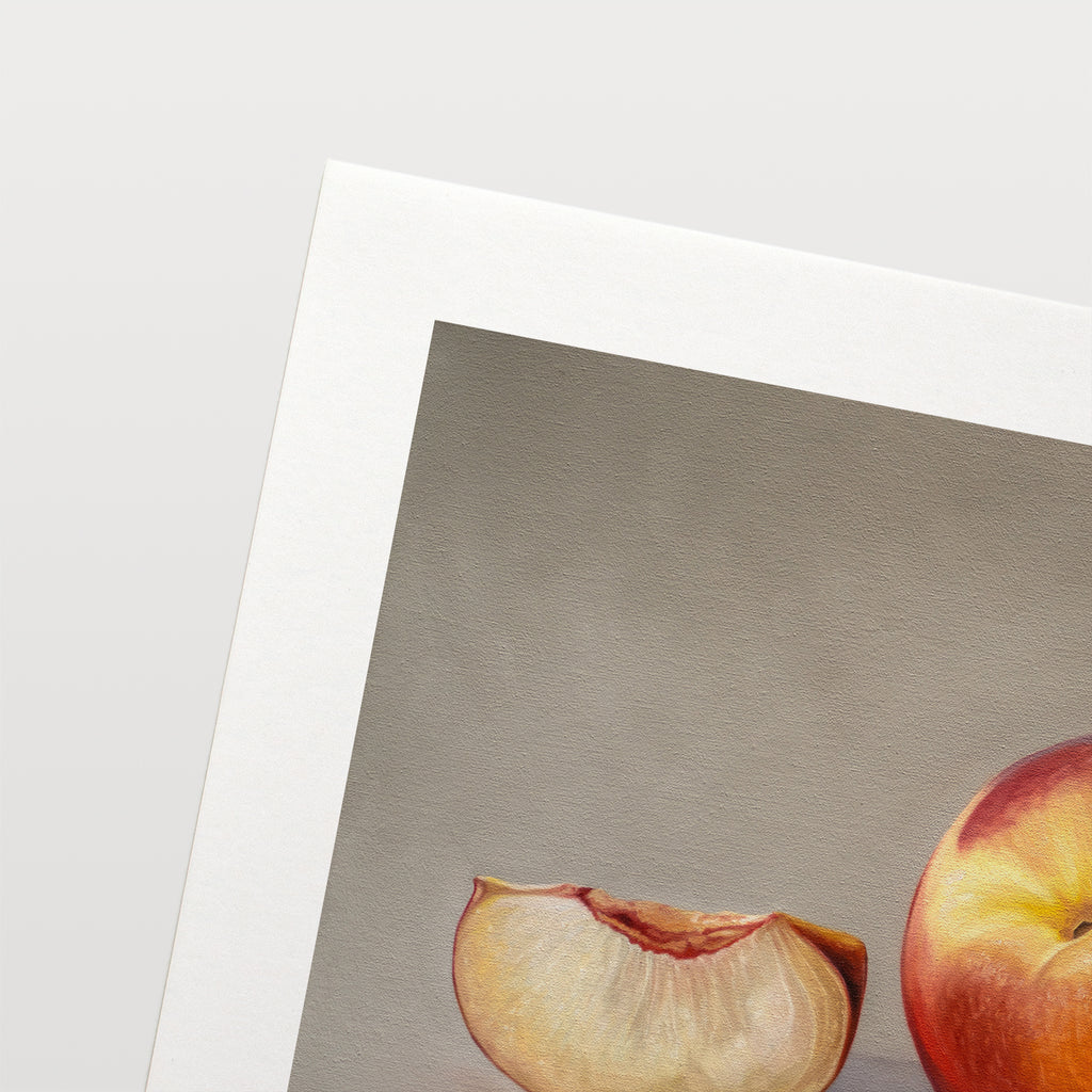 This artwork features a white peach adjacent to a white peach slice resting on a light, reflective surface.