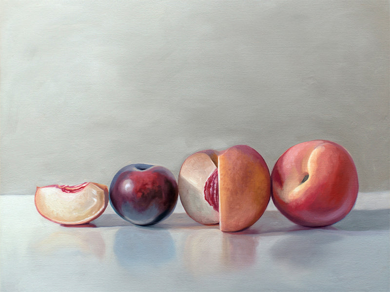 This artwork features a pair of peaches and a single plum resting on a light, reflective surface.