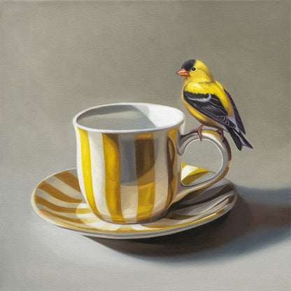 This artwork features an American Goldfinch perched on the handle of a whimsical yellow and white striped cup with saucer.