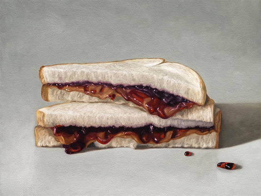 This artwork features a stacked peanut butter and jelly sandwich resting on a neutral grey surface.