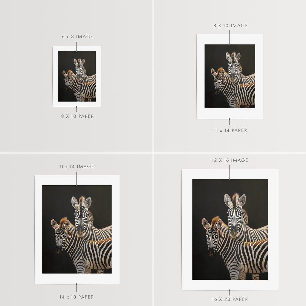 This artwork features a mother and foal zebra with some nice golden backlighting with a neutral dark grey background.