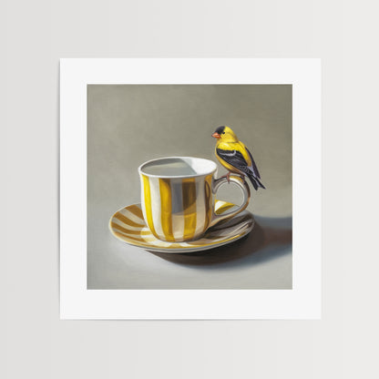 This artwork features an American Goldfinch perched on the handle of a whimsical yellow and white striped cup with saucer.