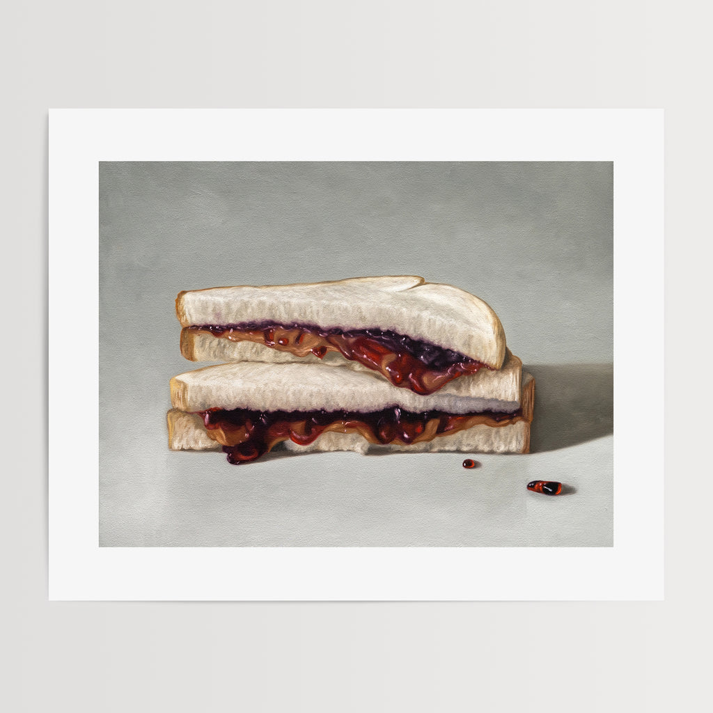This artwork features a stacked peanut butter and jelly sandwich resting on a neutral grey surface.