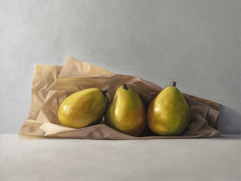 This artwork features a trio of pears nested in a brown piece of parchment paper.