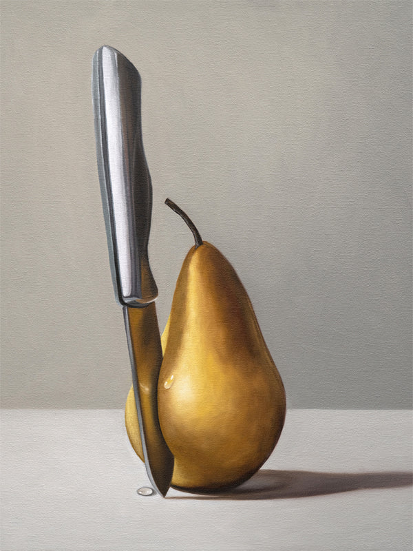 This artwork features a paring knife with a juicy Anjou Pear resting on a light surface with a neutral background.