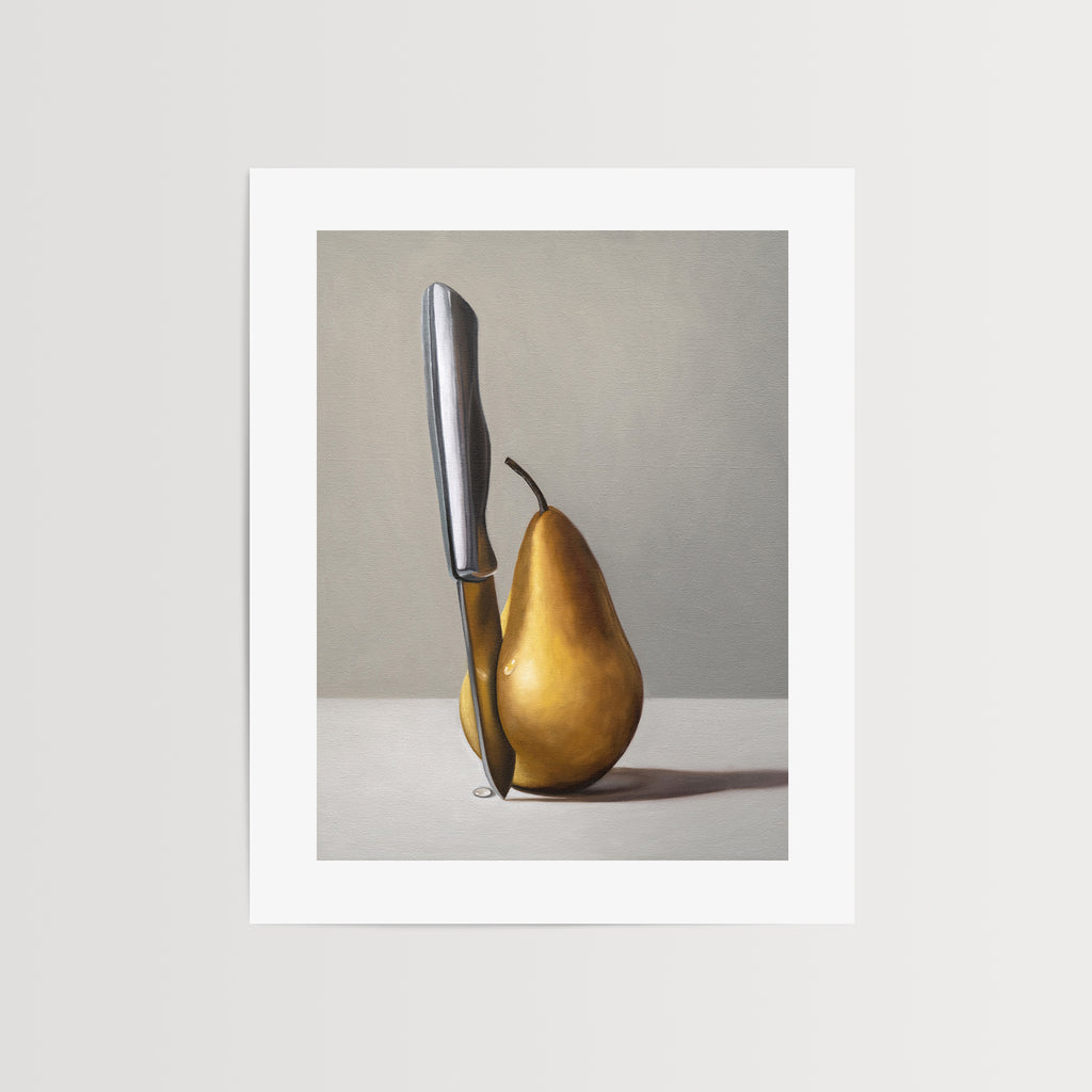 This artwork features a paring knife with a juicy Anjou Pear resting on a light surface with a neutral background.