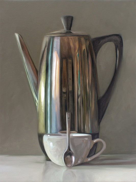 This artwork features a reflective percolator, porcelain coffee cup and small spoon resting on a light reflective surface with neutral grey tones.