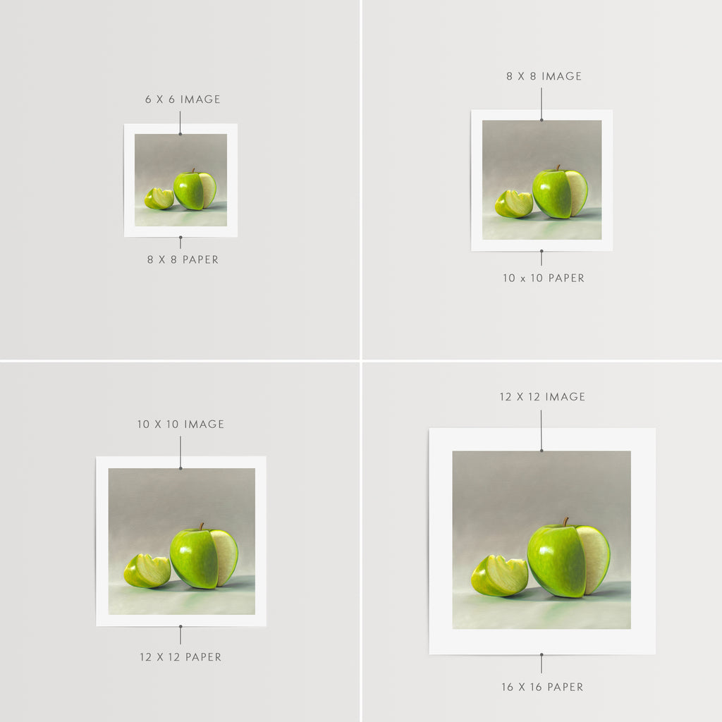 This artwork features a green apple and slice resting on a light surface.