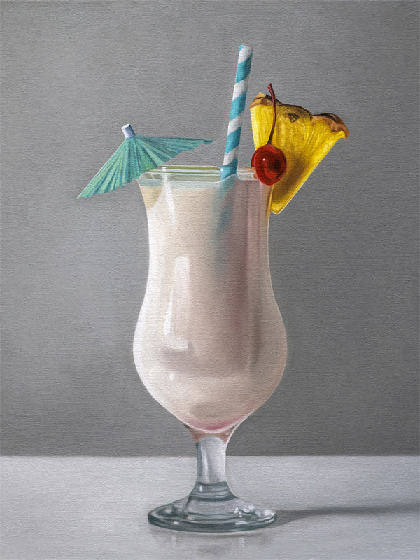 This artwork features a tropical Piña Colada cocktail decked out with a pineapple slice, maraschino cherry, umbrella and turquoise swirly straw.