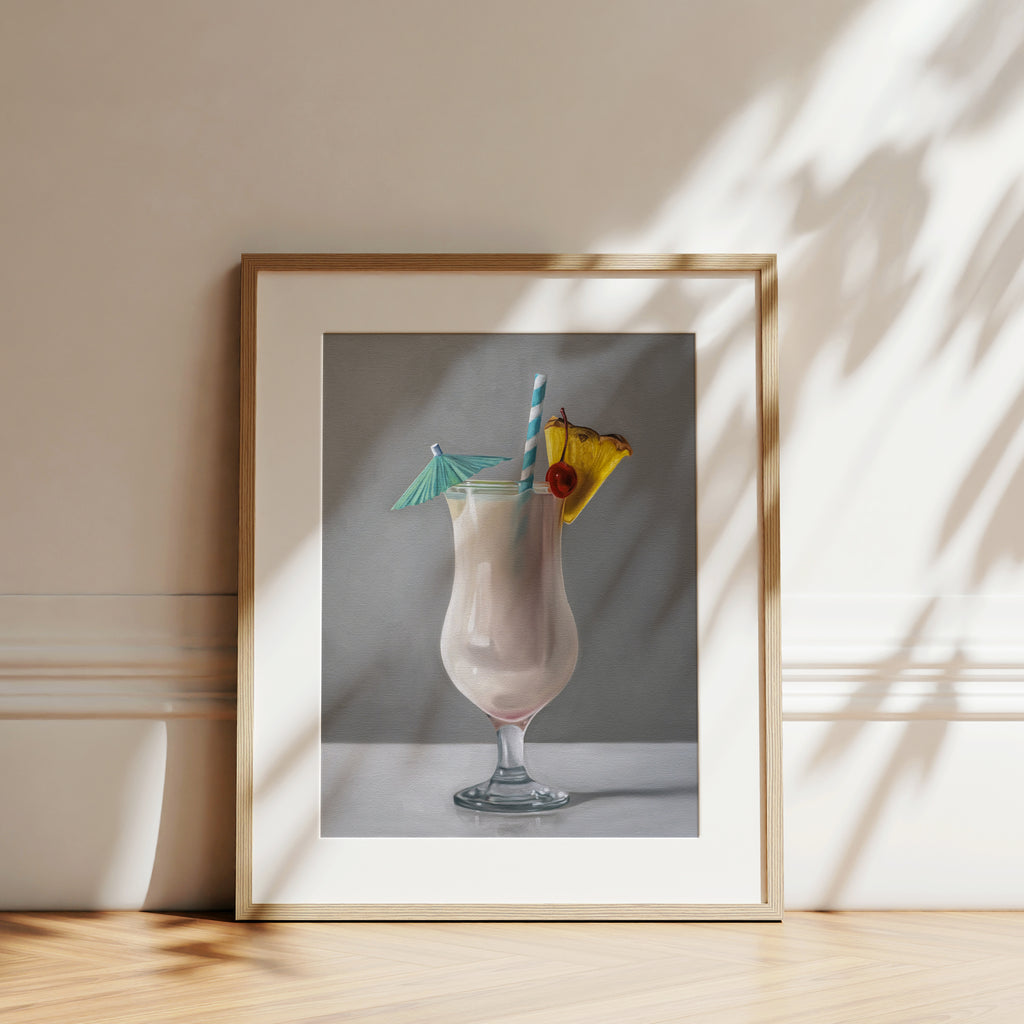 This artwork features a tropical Piña Colada cocktail decked out with a pineapple slice, maraschino cherry, umbrella and turquoise swirly straw.