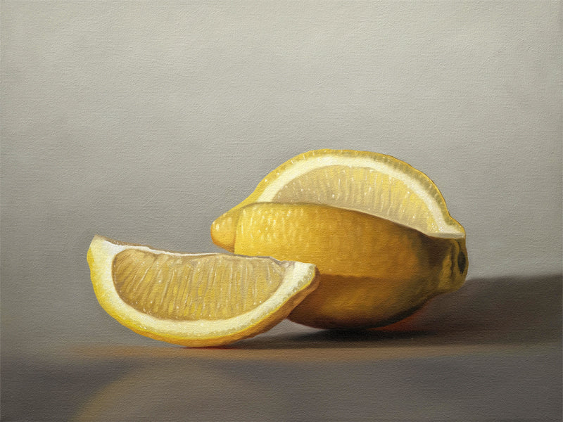 This artwork features a quarter sliced lemon resting on a dark surface.