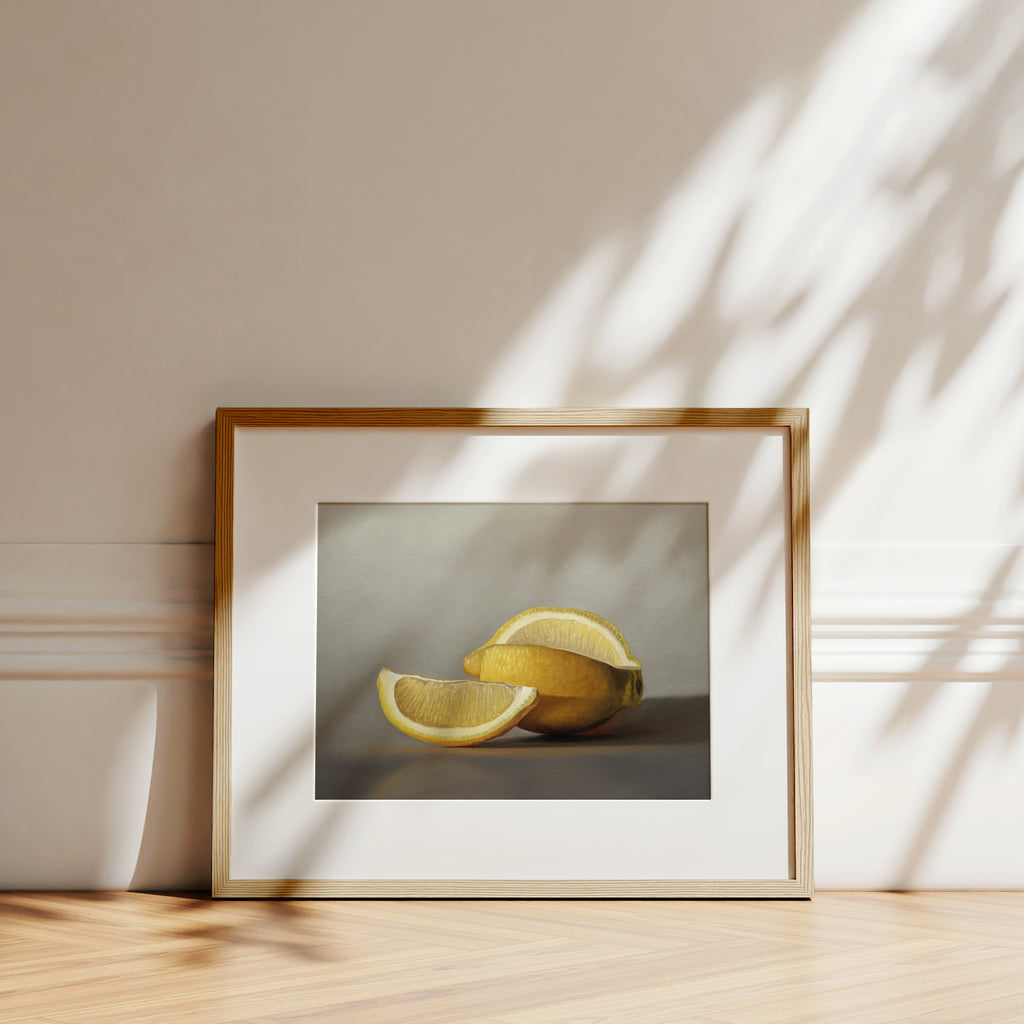 This artwork features a quarter sliced lemon resting on a dark surface.
