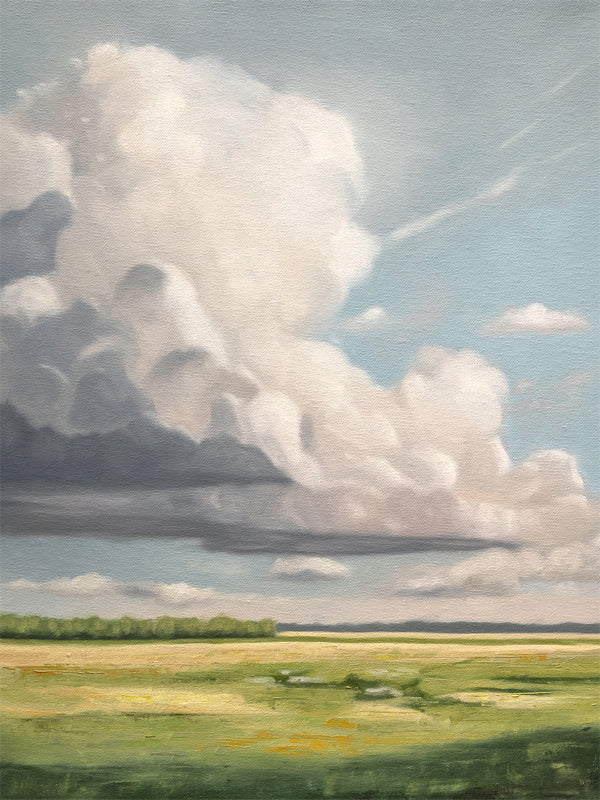 This artwork features an open field in the countryside with storm clouds building in the distance and an expressive, textured foreground.