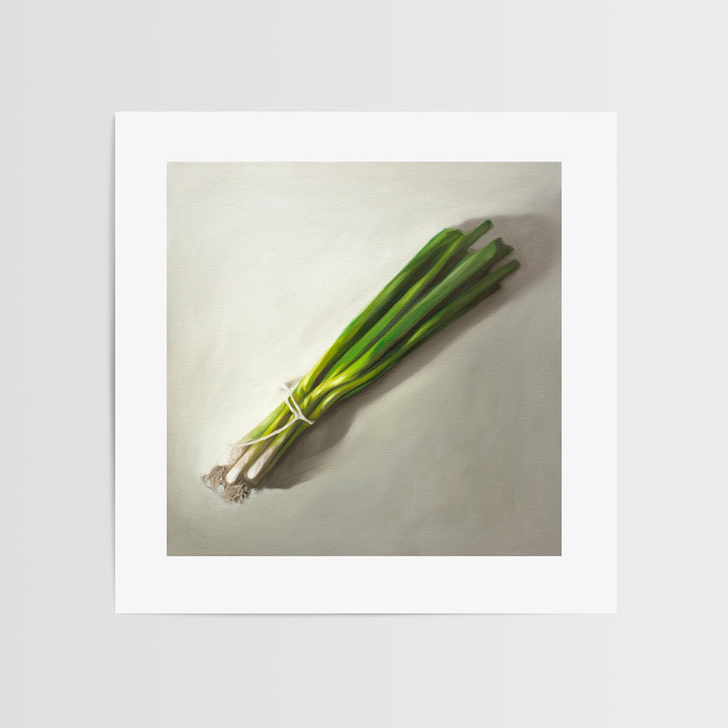 This artwork features a green onion bunch resting on a light grey surface.