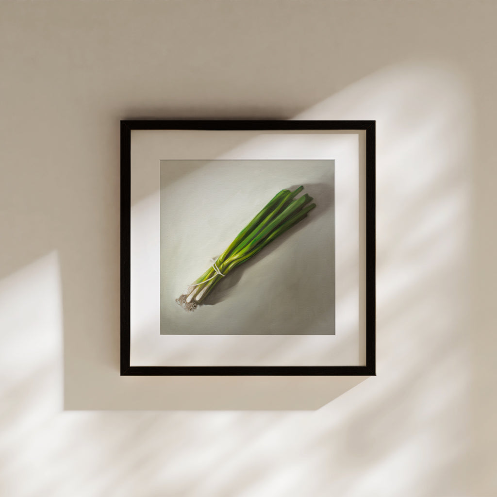 This artwork features a green onion bunch resting on a light grey surface.
