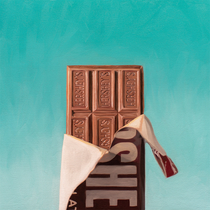 This artwork features a Hershey's candy bar with an opened wrapper and a bright turquoise background.